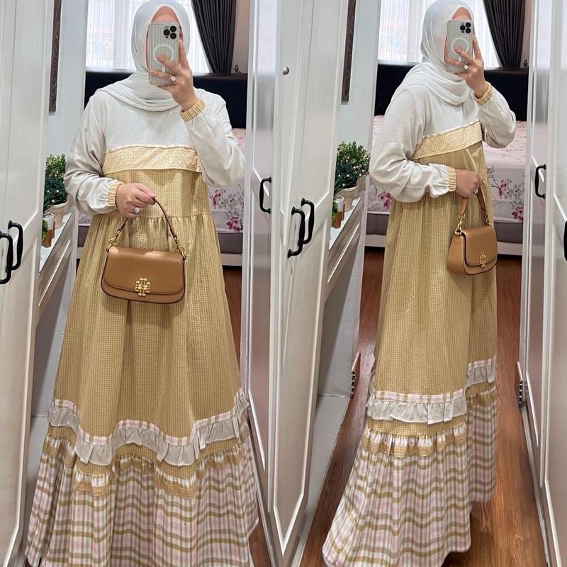 SEO GAMIS SEMUT BY SYAINA TERBARU DAN KEKINIAN  Katun Polos Linen Muslim Nyaman Wudhu Wanita Dress Dewasa Lebaran gam is cantik 1