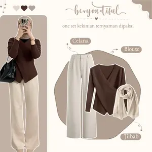 OOTD Wanita Simpel Elegan ( Blouse Rajut + Celana Kulot + Jilbab Segiempat ) Setelan Remaja ZL34N