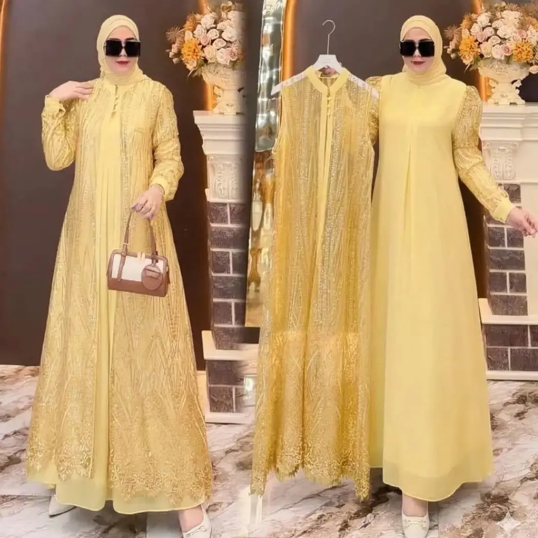Mayra Luxury Gamis Pesta Brukat Mewah Inner + Outer Terpisah Baju Kondangan Wanita Kekinian Terbaru Mahogany Dress Muslimah