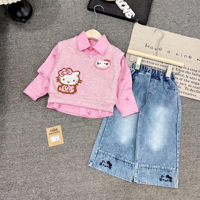 Bộ dài tay bé gái bộ thu đông bé gái Set bộ 3 CT thiết kế quần jean phối áo sơ mi kẻ kèm áo gile len cho bé 10-30kgg