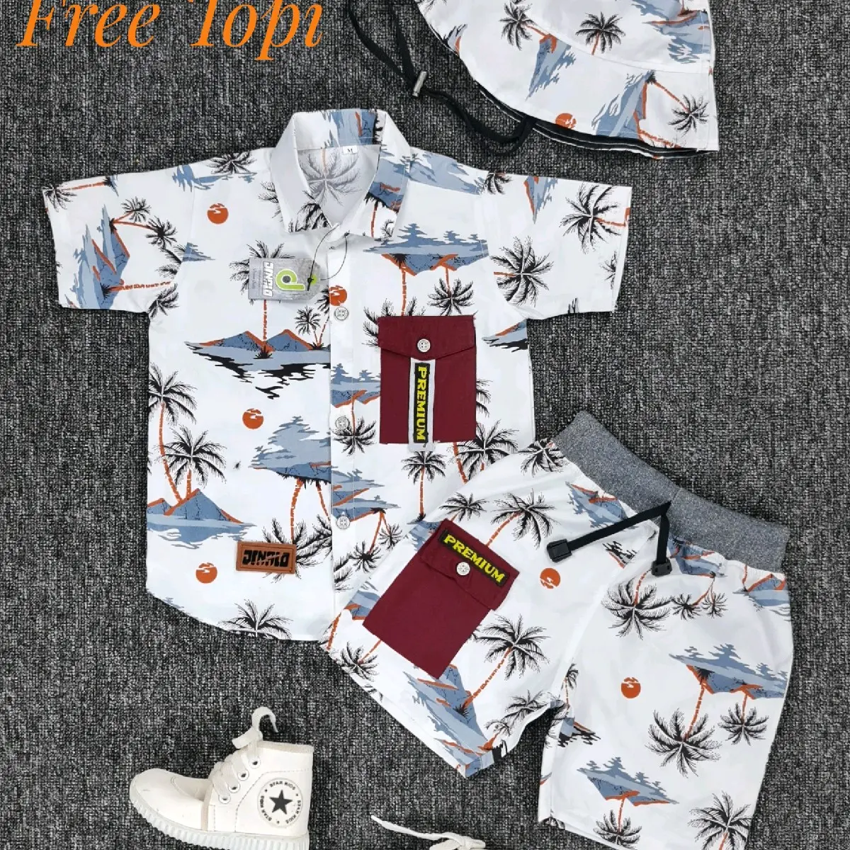 GRATIS ONGKIR /COD/Free Topi Setelan Kemeja Surfing distro dan Celana Pendek untuk Hari Santai Si Kecil Untuk Anak Laki laki Usia 1-5 Tahun By Sensasi Kids