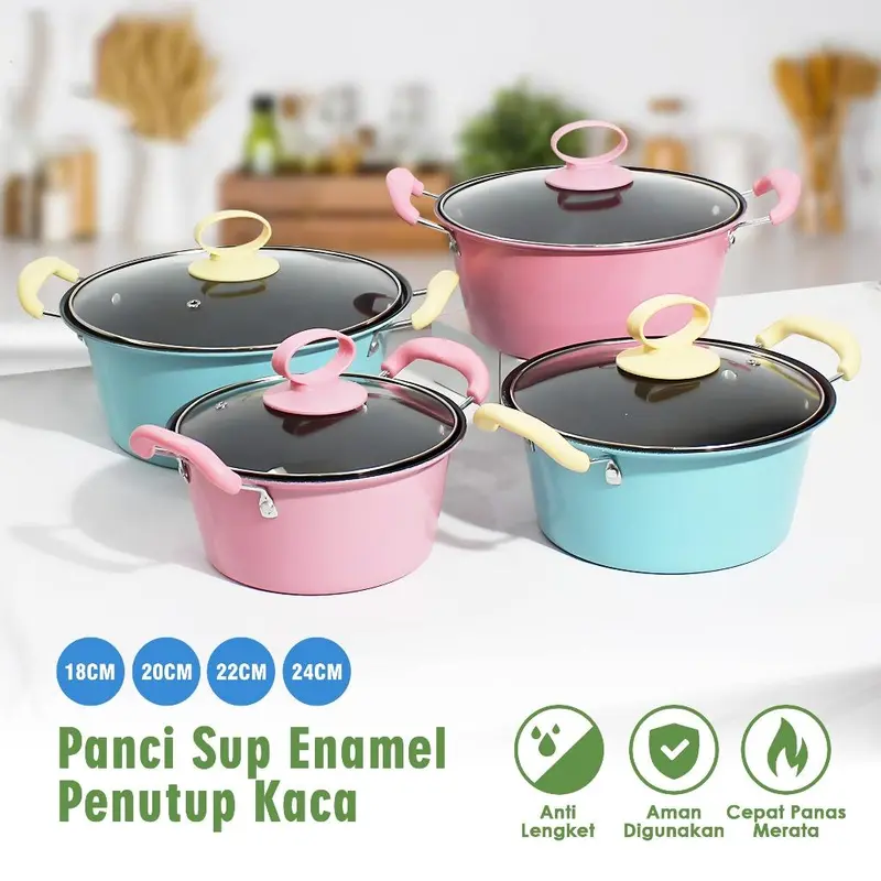 COD PANCI SUP TUTUP KACA ENAMEL GAGANG ANTI LENGKET 18CM 20CM 22CM 24CM sop 1