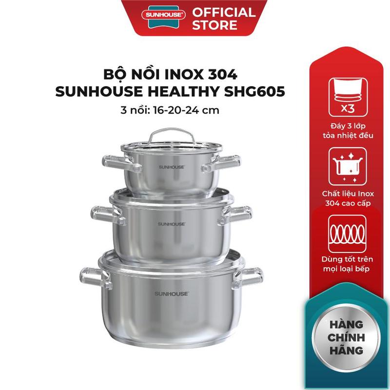 Bộ nồi Inox 304 Sunhouse Healthy SHG605 - Gồm 3 nồi size 16,20,24cm -Đáy từ 3 lớp - Inox 304 - Phù hợp mọi loại bếp