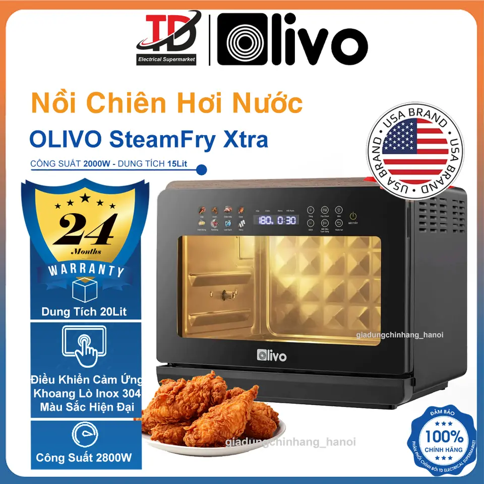 Nồi Chiên Hơi Nước OLIVO SteamFry Xtra, 20Lit - 2800w, 70 Chế Độ Nấu - Có Trục Quay Khi Nướng, Hàng chính hãnġ
