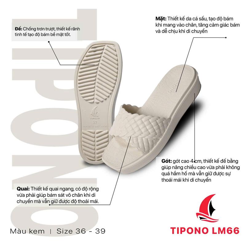 TIPONO Dép Nữ Quai Ngang LM66 Đế Cao 4cm Chống Trượt Chống Thấm Nước Chất Liệu EVA Mềm Mại
