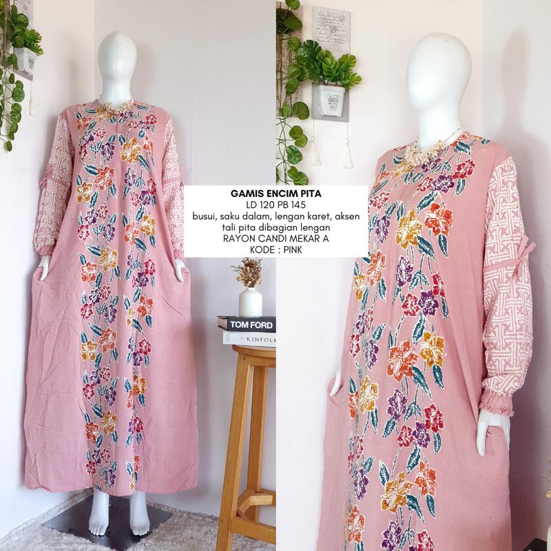 gamis encim pita  LD 110-120 | busui friendly | gamis batik cap colet premium rayon candi mekar Muslim Dress Wanita 3