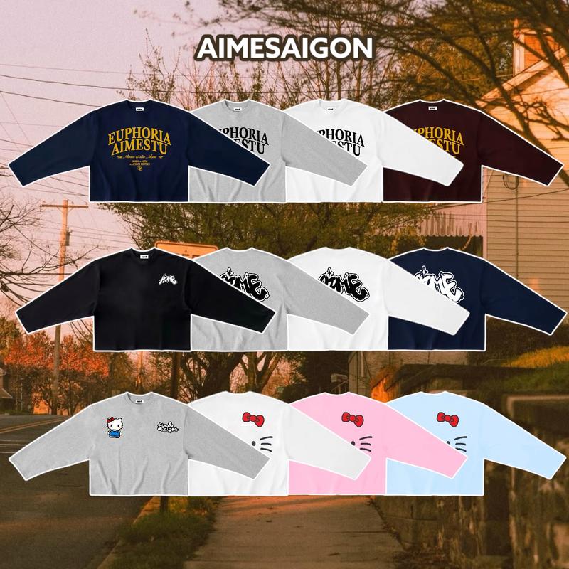 Áo Thun Tay Dài Long Sleeve Boxy AIMÉ Form Rộng Cổ Tròn Kitty Unisex Nam Nữ Basic