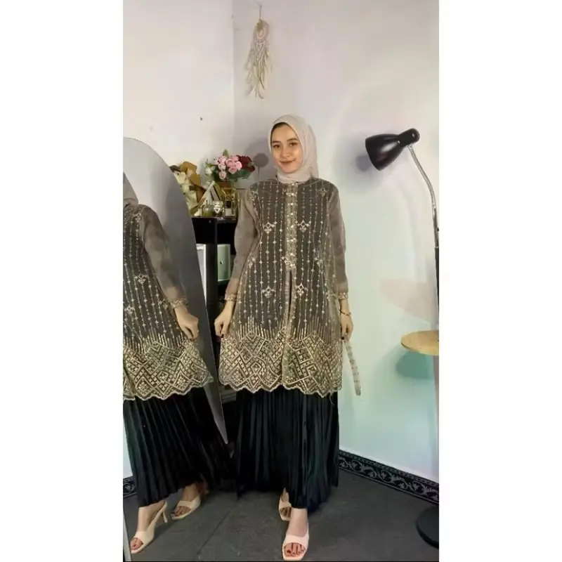 ￼Hadju Tunik Brukat Bordir Sapto / Tunik Brokat Tali Kancing Mutiara Payet Diamond / Baju Kondangan, Wisuda, Seragaman, Bridesmaids, Pesta, Acara Formal Brokat Panjang Atasan Muslim 3