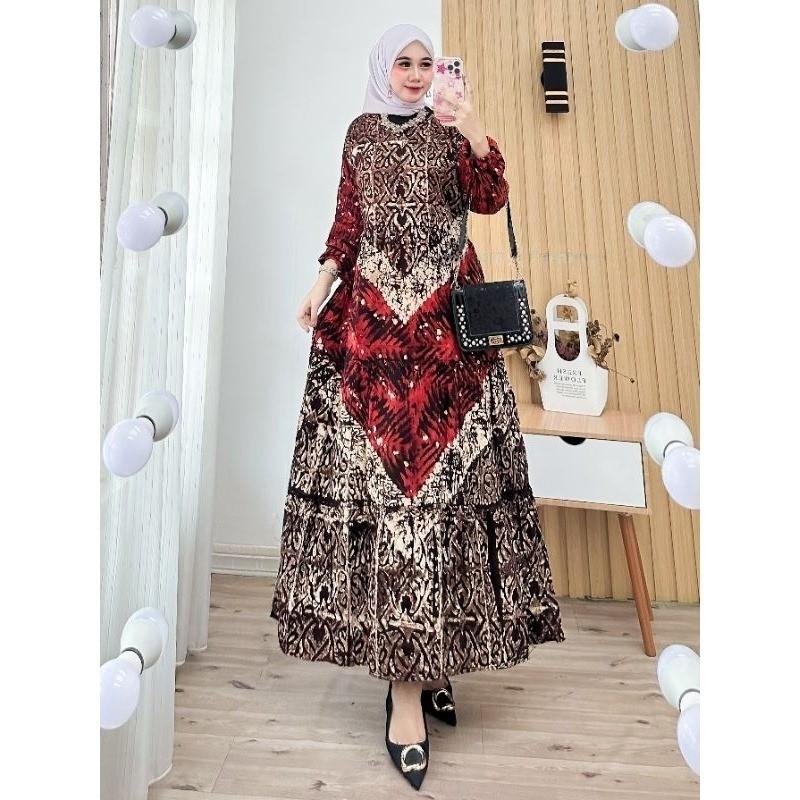 Zaneera Batik - Gamis Twill Ori Cap Malaman Pekalongan Rayon Premium Tebal Berkualitas Motif Tiara Series Dress Muslim Wanita Terbaru Model Susun Rempel Karet Nyaman Lembut 4