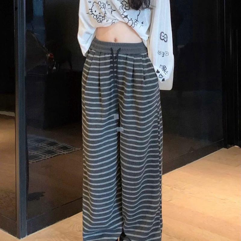 Quần Suông Ống Rộng Nữ Cạp Chun Phối, Hoạ Tiết Kẻ Sọc Chất Len Thỏ Cao Cấp -