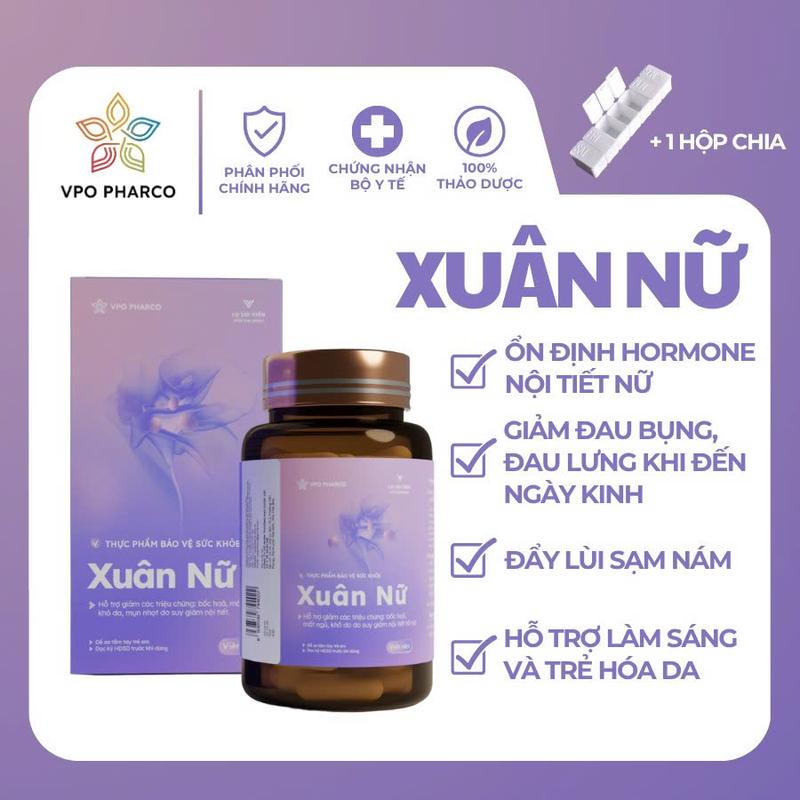 VPO Pharco - Viên uống Xuân nữ hỗ trợ cân bằng nội tiết tố, chống lão hóa, điều trị rối loạn kinh nguyệt, làm đẹp da, Hộp 60V
