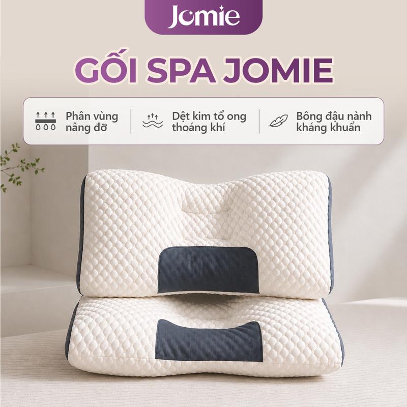 Gối Công Thái Học SPA Jomie, bông cao cấp, xơ đậu nành, phân vùng cổ vai gáy, gối ngủ, gối thấp, Gối tổ ong, Gối bông