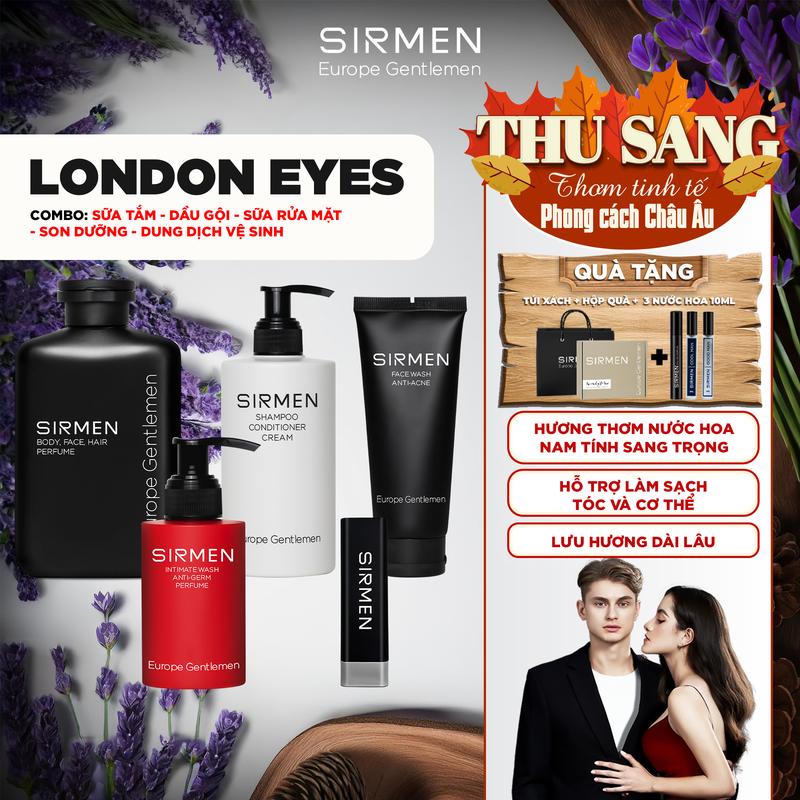 Bộ quà tặng cho nam LONDON EYES - Gồm Sữa tắm, Dầu gội xả dưỡng, Dung dịch vệ sinh nam, Gel rửa mặt và Son Dưỡng SIRMEN |TẶNG TÚI XÁCH & NƯỚC HOA 10ML