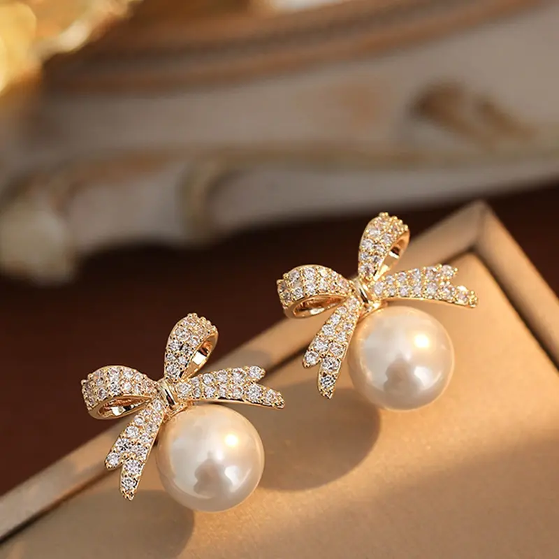 Bow Knot Pearl Earrings for Women in South Korea High-end and Versatile Earrings with Exquisite Temperament