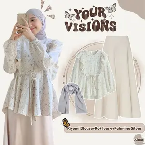 Outfit Hijab Korea Kekinian (Kiyomi Blouse+Rok Ivory+Pahmina Silver) OOTD Feminim Motif Floral -AR80