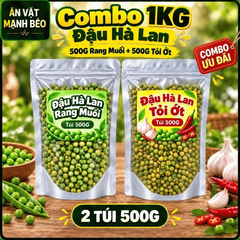 (COMBO MIX 2 VỊ) 500g Đậu Hà Lan tỏi ớt + 500g Đậu Hà Lan rang muối
