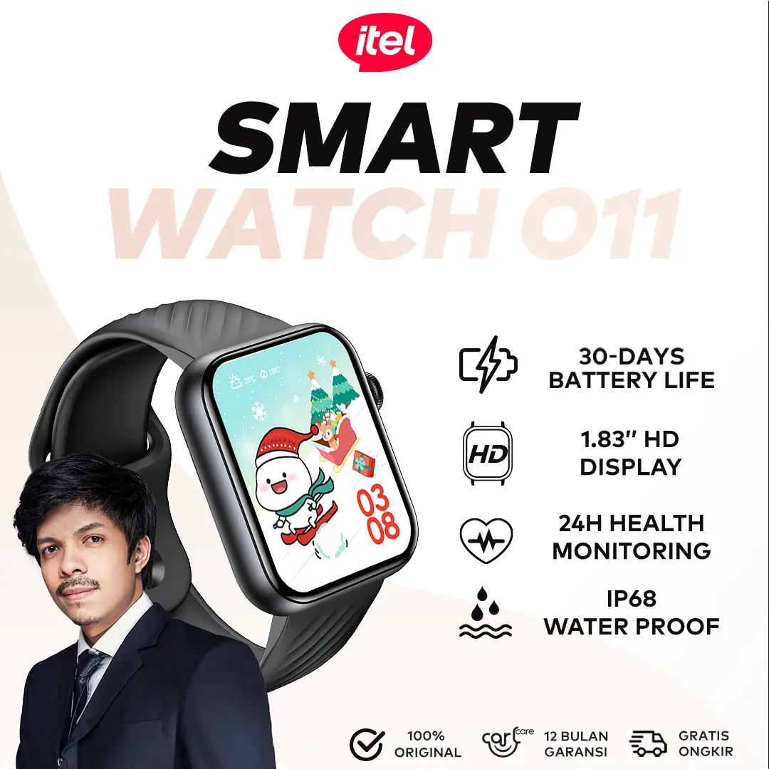 [Atta Halilintar Exclusive] itel ISW-O11 Official SmartWatch O11 3 Active | Tahan Air 5ATM 100 Mode Olahraga SpO2 Telepon Bluetooth Health Monitor