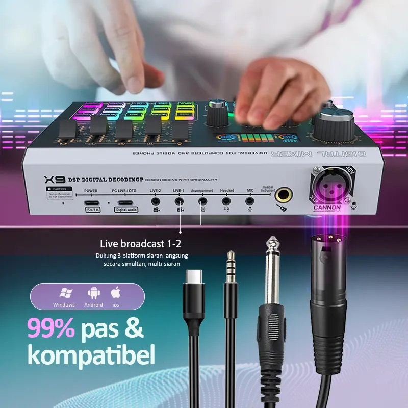 MUSIX X9 Sound card + F22 mikrofon dudukan kantilever mixer langsung profesional tekstur logam dan tampilan layar LCD 48V Kartu suara X9 merekam karaoke 3
