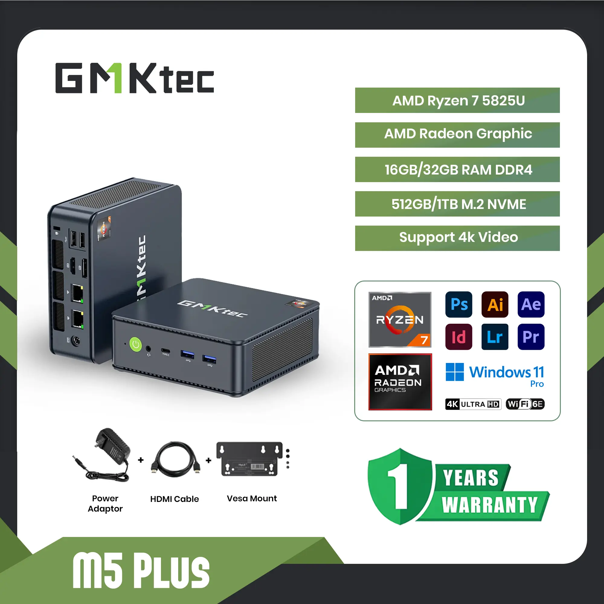 Mini PC Gaming AMD Ryzen 7 5825U GMKTEC M5 Plus 16GB RAM DDR4 512 SSD NVME - Win 11 pro  5.0  1 penilaian