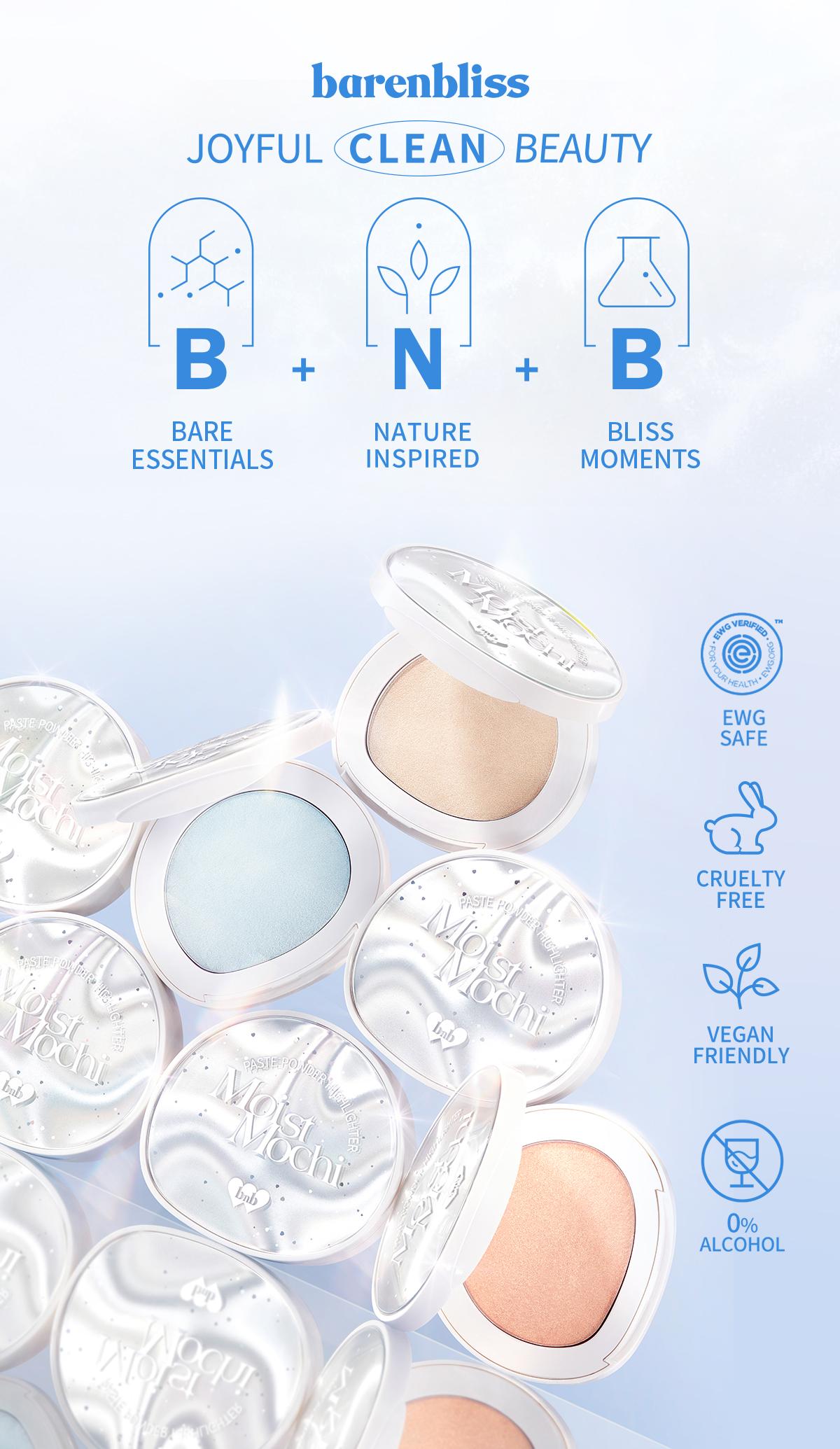 BNB Barenbliss Moist Mochi Paste Powder Highlighter | Mudah diblend, tahan air, dan tahan hingga 12 jam kilau bercahaya Shimmer Glittery High Pigmented Contour Face Palette