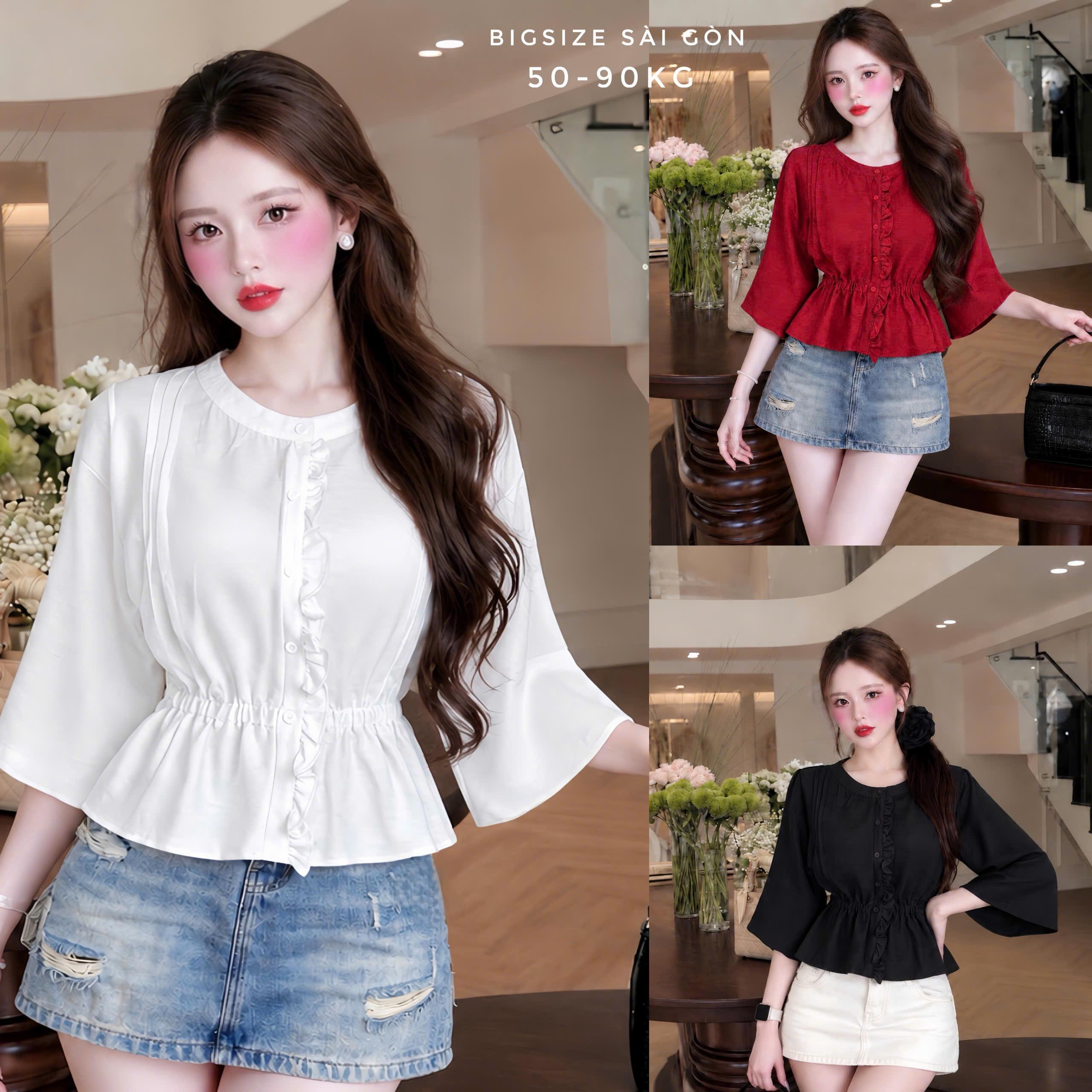 Áo Kiểu Nữ - Áo Sơ Mi Chất Đũi Cotton Bèo Nút Eo Tay Lỡ Thanh Lịch Có Bigsize 50–90kg - A.1893