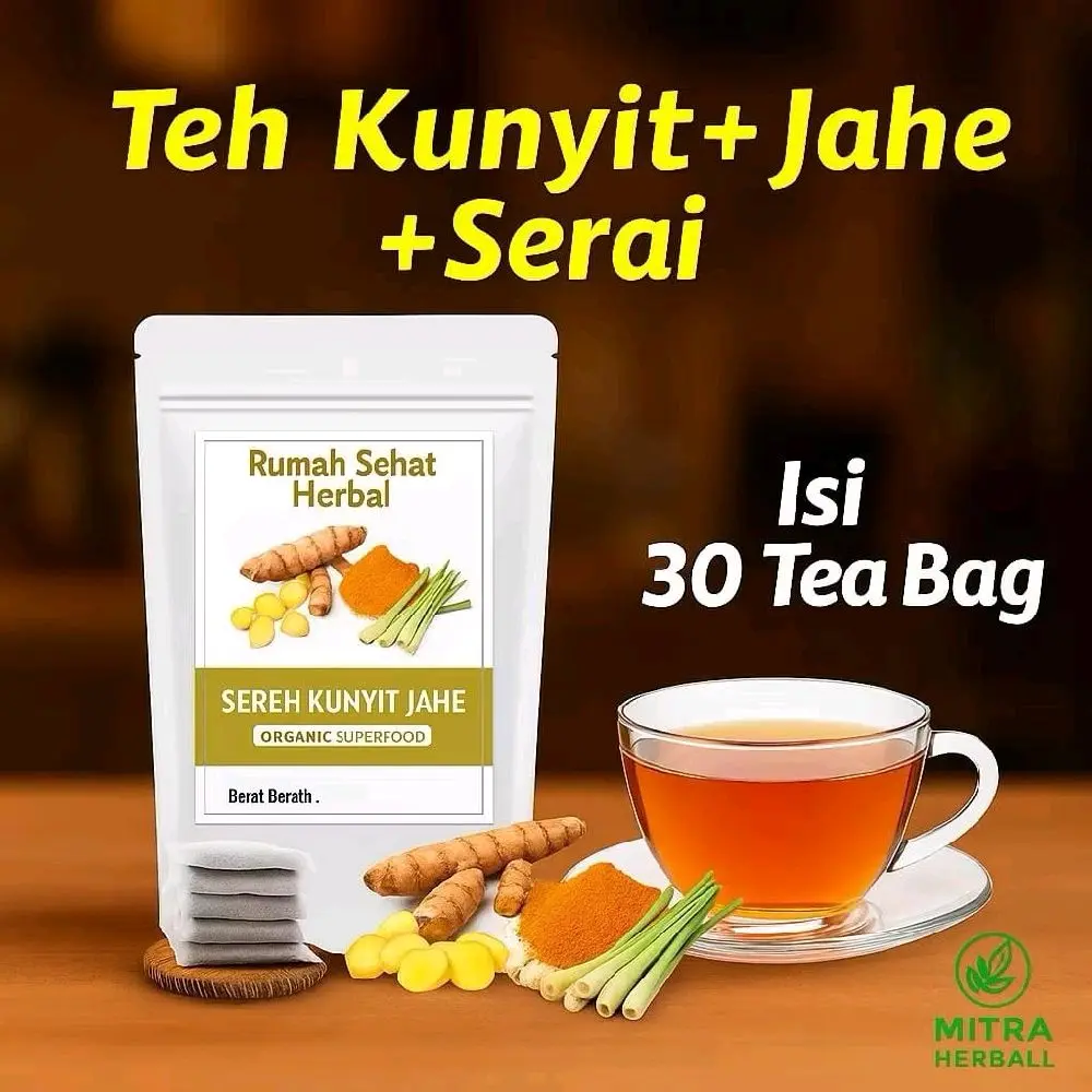 TEH KUNYIT,JAHE & SERAI/TUMERIC GINGER with LEMONGRASS TEA Herbal Tea Isi 30 Teh Celup & 20 teh celup