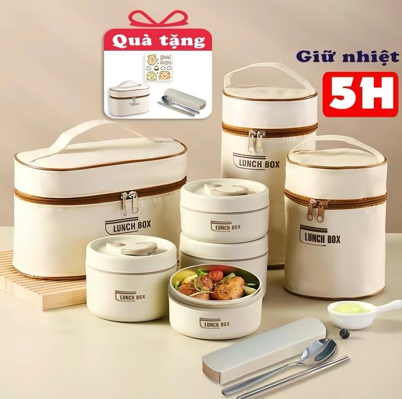 ( Kèm đũa thìa ) Hộp cơm giữ nhiệt Lucky, Hộp cơm trưa văn phòng cách nhiệt 3,4 tầng bằng thép không gỉ 304