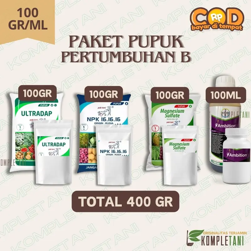 PAKET PUPUK PERTUMBUHAN B (100 GR) - AMBITION + ULTRADAP + NPK 16.16.16 BIRU + MAGNESIUM SULFATE 0