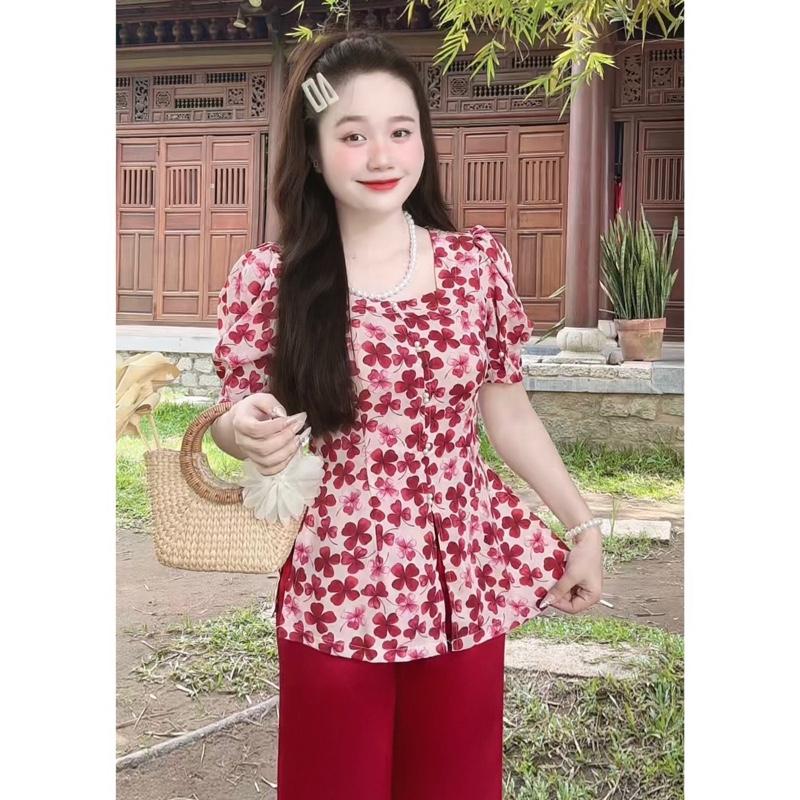 BO7 Bộ Quần Bà Ba Nữ Áo Vải Lụa Tằm Ý Họa Tiết Cỏ 4 Lá May Mắn Tay Lỡ Đính Ngọc Quần Màu Sét Bộ Cỏ 4 Lá May Mắn Size 40-72kg Chiều Cao Dưới M65- BOO7 Top Women