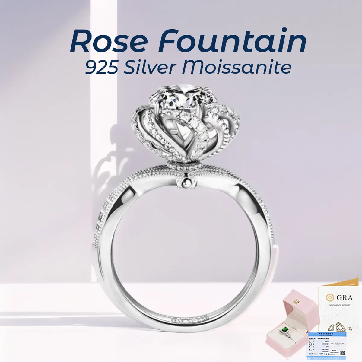 【#MR20·Rose Fountain】2CT OFFICIAL ORIGINAL S925 Sterling Silver Moissanite Ring Fixed Ring Band