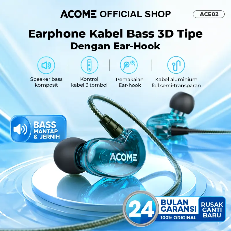 【EXCLUSIVE LAUNCH】 ACOME 3D Subwoofer Headphone Earphone Headseat Powerfull Bass Transparent Black Wire Body ACE02 Garansi 24 Bulan