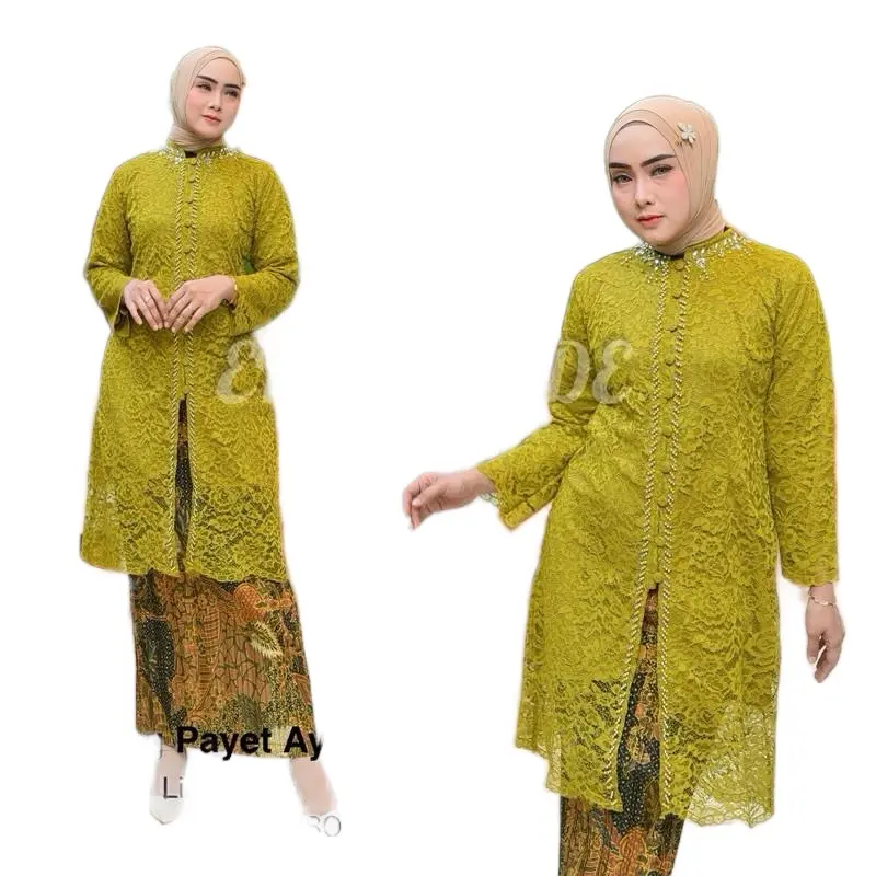 Hameedah - Setelan Kebaya Tunik Brokat Payet Jumbo Ld 130 Baju Kondangan Wanita Modern Dress Atasan Cotton Beige Traditional Dress wisuda korean style Katun Pesta