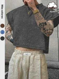 Camiseta sin mangas corta de color sólido para hombre, camiseta de cuello redondo sin mangas informal de ajuste regular para verano, ropa de hombre de moda para uso diario