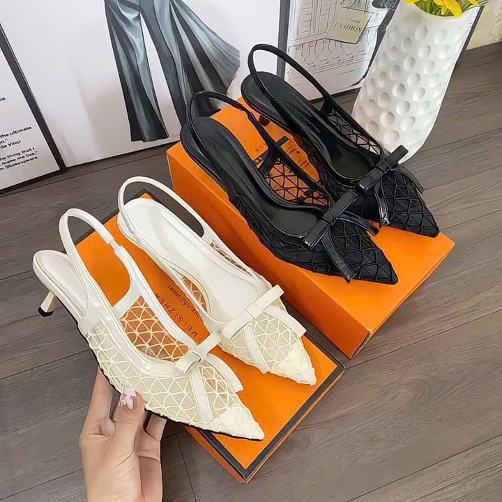 Giày Cao Gót 3p Mũi Nhọn Chất Ren Lưới Phối Nơ Xinh  D77