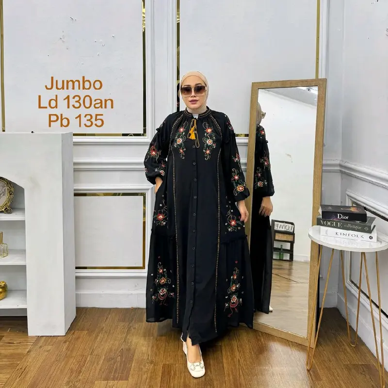 Unic Mode Gamis Midi Dress Soft Jeans Denim Lembut  Nyaman Wanita Dewasa Remaja Casual Variasi Bordir Muslim Remaja Lebaran Kancing Simple Muda Mewah 0