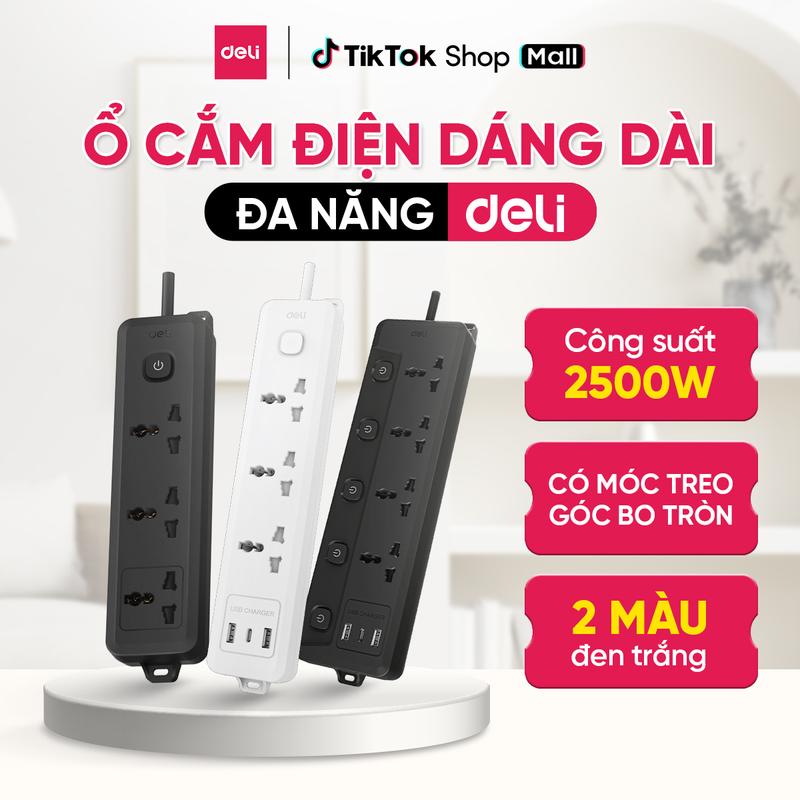 [ BẢN NÂNG CẤP] Ổ cắm điện đa năng Deli dáng dài 2500W tích hợp cổng USB, ổ cắm điện Deli tiện dụng, an toàn, chống cháy nổ, dây đồng chắc chắn, tải cao bảo hành 36 tháng du lịch ổ điện gắn tường