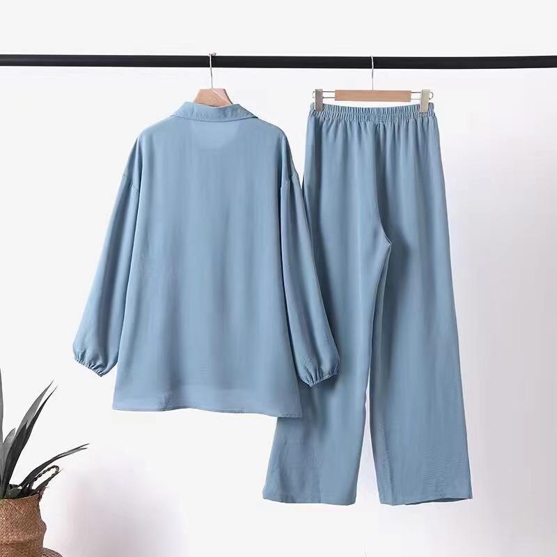 Product Introduction of High quality cross solid color blue Black Kachislin long sleeve pocket hidden door tube dyed buckle elastic waist long pants shirt set long shirt + pants 14