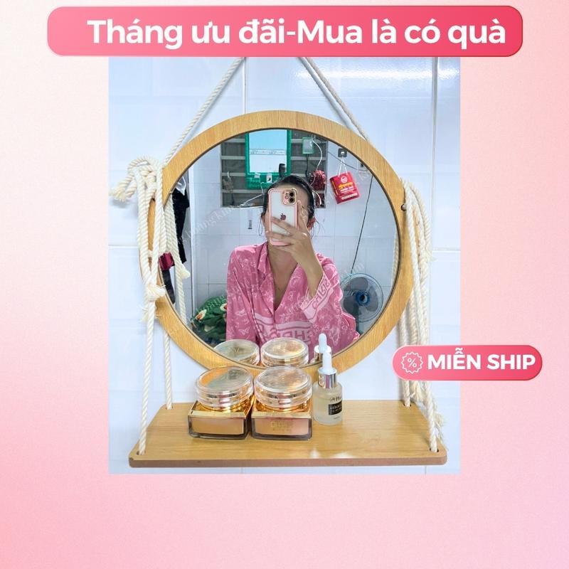 gương tròn viền gỗ treo dây thừng Trang Trí Nhà tặng kệ 1 tầng kèm dây thừng và đinh treo không khoan tường .Decor Phòng Đồng siêu đẹp