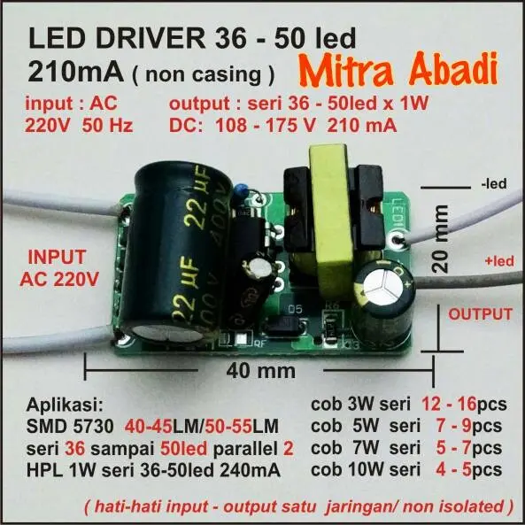LED Driver 36-50x1 Watt 210 mA AC-DC Tanpa Casing