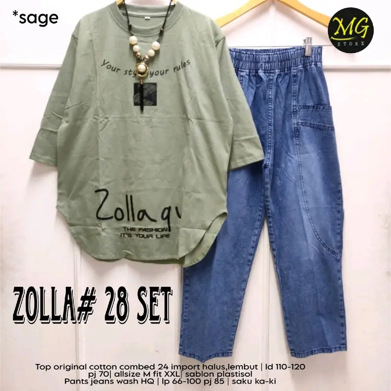 ZOLLA SET #28 Setelan Wanita Dewasa JUMBO atasan Combed 24s TEBAL Celana Jeans Wash HQ • Desain kasual Kekinian • Bisa COD 5
