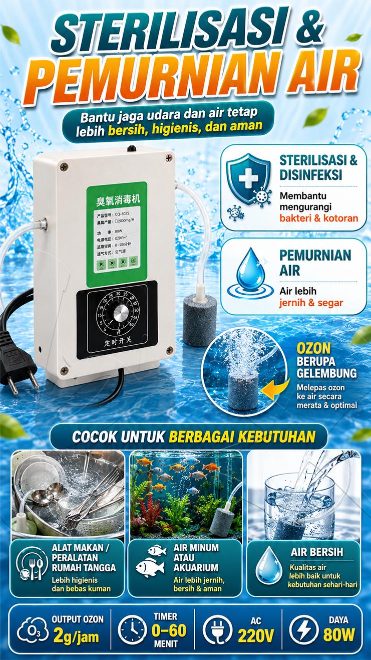Ozone Generator 2000mg/hr Water Purifier Air Sterilizer Penghasil Ozon Pemurni Air Minum Sayuran & Daging  Penghilang Bau Udara Kolam Ikan Akuarium Alat Sterilisasi Ruangan Multi-fungsi Ozonizer Portable untuk Rumah Tangga & Kolam Renang