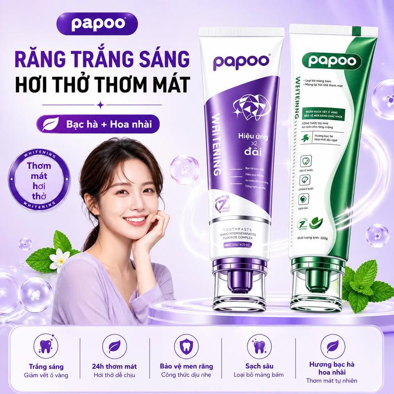 【KOL 120g/tuýp 】Kem Đánh Răng PAPOO Hương Hoa Nhài & Hương Bạc Hà-Cao Cấp Chính Hãng -Làm Sạch Sâu, Loại Bỏ Vệt Ố Vàng Răng Chăm Sóc Nướu,Chống Sâu Răng, Loại Bỏ Hôi Miệng, Cho Hơi Thở Thơm Mát, Kem đánh răng Trắng Bật Tông từ Công nghệ Ánh Sáng Xanh