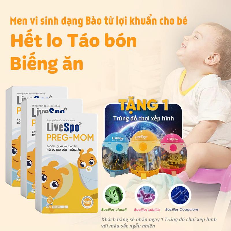 [Tặng 1 trứng xếp hình] Combo 3 hộp Men vi sinh cho Trẻ LiveSpo PREGMOM - 60 tỷ bào tử lợi khuẩn hỗ trợ giảm táo bón rối loạn tiêu hóa, Chậm Tăng Cân Cho Bé  (Hộp 20 ống)
