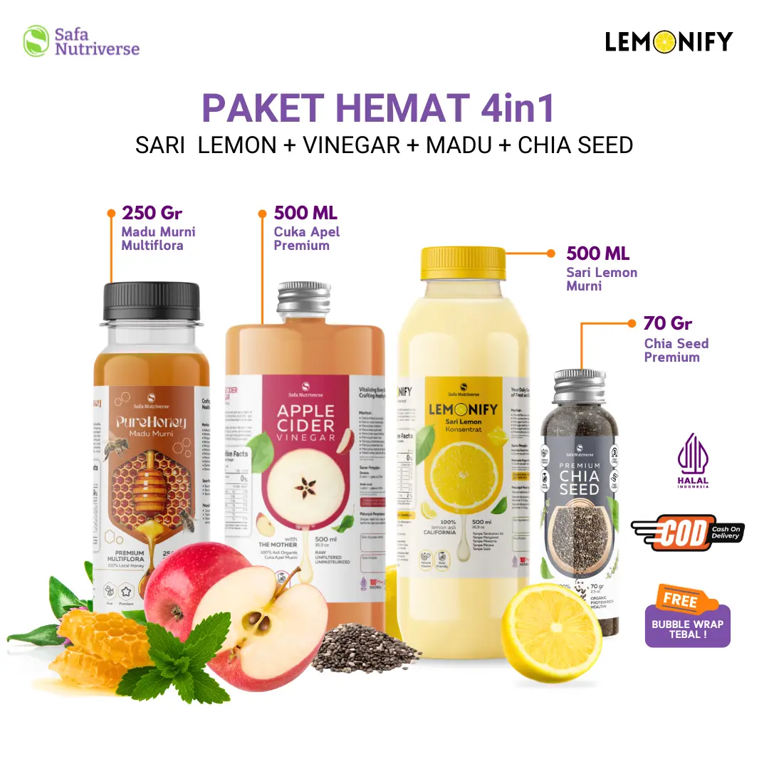 PAKET HEMAT 4IN1  CUKA APEL 500ML  + SARI LEMON  500ML  + MADU MULTIFLORA 250 GR +CHIA SEED  70 GR  Apple Cider Vinegar Organik Lemonify by Safa Nutriverse