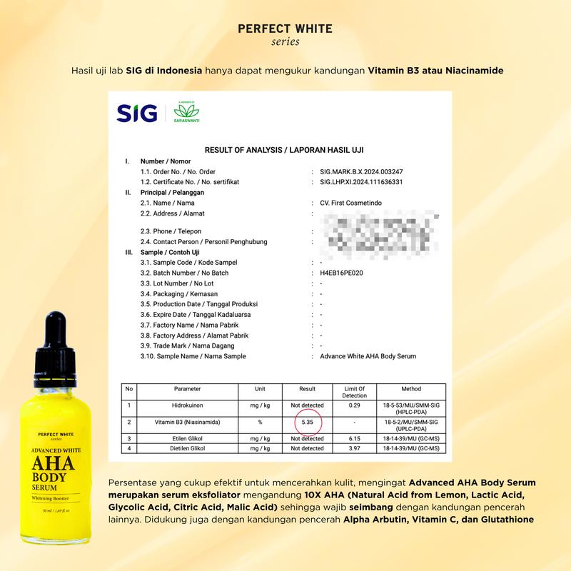 Product Introduction of [10X AHA] PERFECT WHITE Advanced AHA Body Serum 50ml Whitening Booster with 10X AHA Niacinamide, Alpha Arbutin, Glutathione, Vitamin C | Booster Lotion Acid Perawatan Pencerah Mencerahkan Memutihkan Tubuh Kusam Belang Noda Hitam Glycolic Acid 6