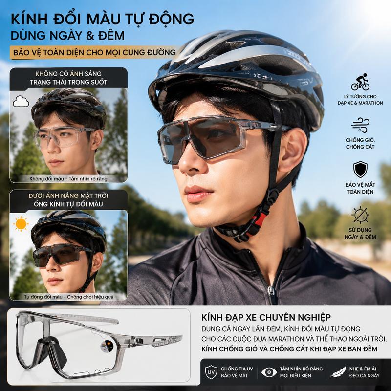 Kính Đạp Xe Chuyên Nghiệp Dùng Cả Ngày Lẫn Đêm, Kính Đổi Màu Tự Động Cho Các Cuộc Đua Marathon Và Thể Thao Ngoài Trời, Kính Chống Gió Và Chống Cát Khi Đạp Xe Ban Đêm