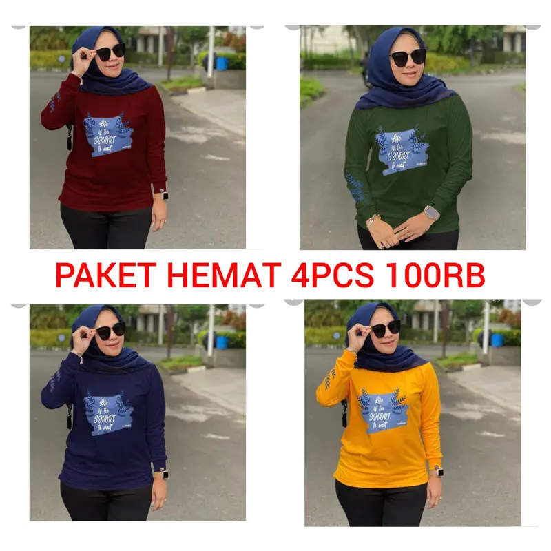 Paket Hemat 4pcs Atasan Wanita Muslimah - Kaos Wanita Lengan Panjang - Atasan Jumbo LD 110cm Bahan Babyterry Premium COD 0