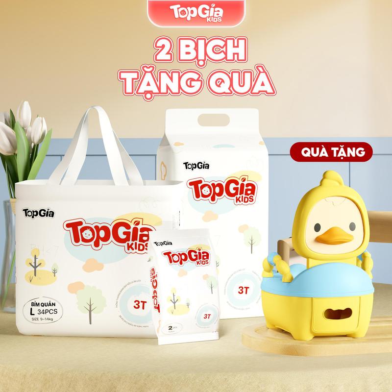 HCM - TẶNG BÔ VỊT Combo 2 bịch Bỉm Topgiakids Tã Bỉm cho bé bỉm TopGiaKids pH < 7 ngừa hăm đai chun đệm mây mềm mại co dãn 4 chiều thấm hút bề mặt khô thoáng size S đến XXXL cho bé từ 4-20kg kem bỉm BO