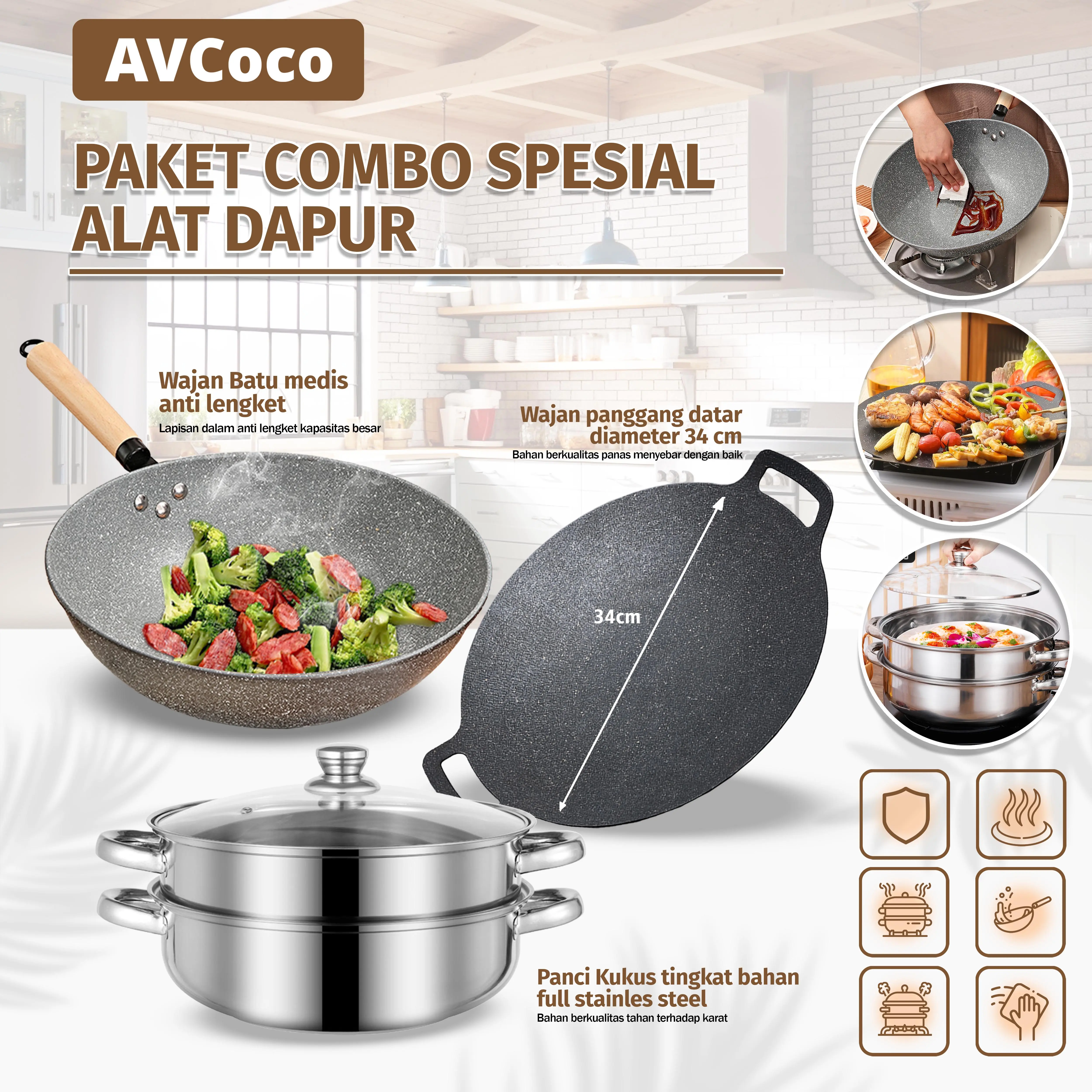 PAKET SPESIAL ALAT DAPUR Kitchenware !! Wajan Batu Medis 32CM Anti Lengket + Wajan Panggangan Datar Diameter 34CM + Panci Steamer Stainless 3in1 Dengan Tutup Kaca