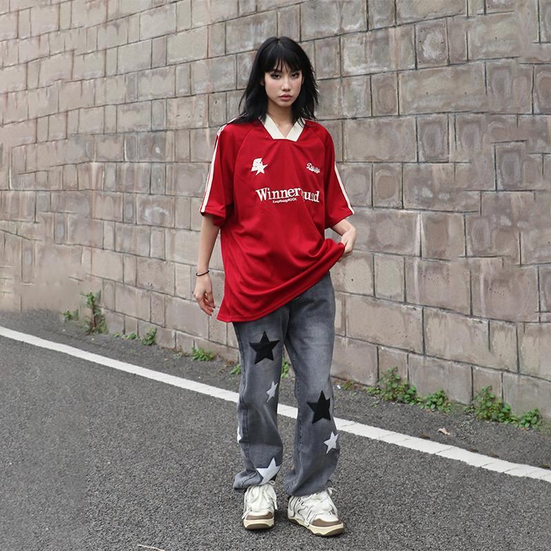 Product Introduction of Summer Heavy Embroidery American Retro V-neck Sports Casual Red Jersey Korean Short Sleeve Women's High Street Loose Couple T-shirt Fashion Brand Ins New Half Sleeve Men's Racing Clothes Top Black Basketball Shirt 27